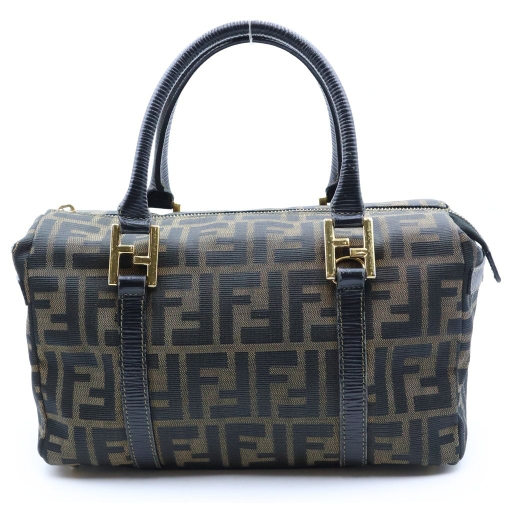 FENDI (フェンディ) ズッカ柄 2WAYハンドバッグ ボストンバッグ ショルダーバッグ ブラウン×ブラック レザー×キャンバス ゴールド金具 69,300円