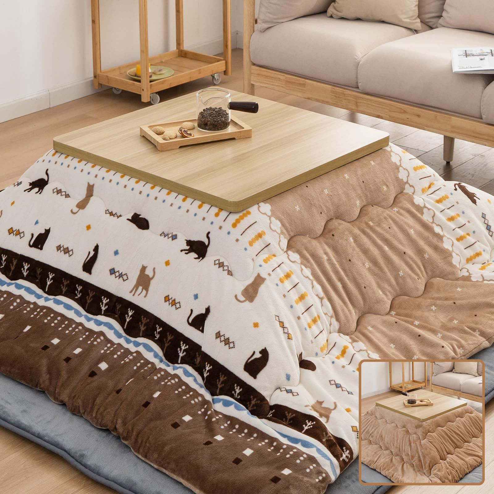 Matdeco こたつ布団 長方形 こたつ掛布団 190×240cm リバーシブル あったか コタツ布団 フランネル生地 蓄熱わた使用 厚手 マイクロファイバー 冬用 保温性 ふわふわ 両面使える 抗菌 防臭 静電気防止 北欧 ねこ・ベージュ 9f1576c3