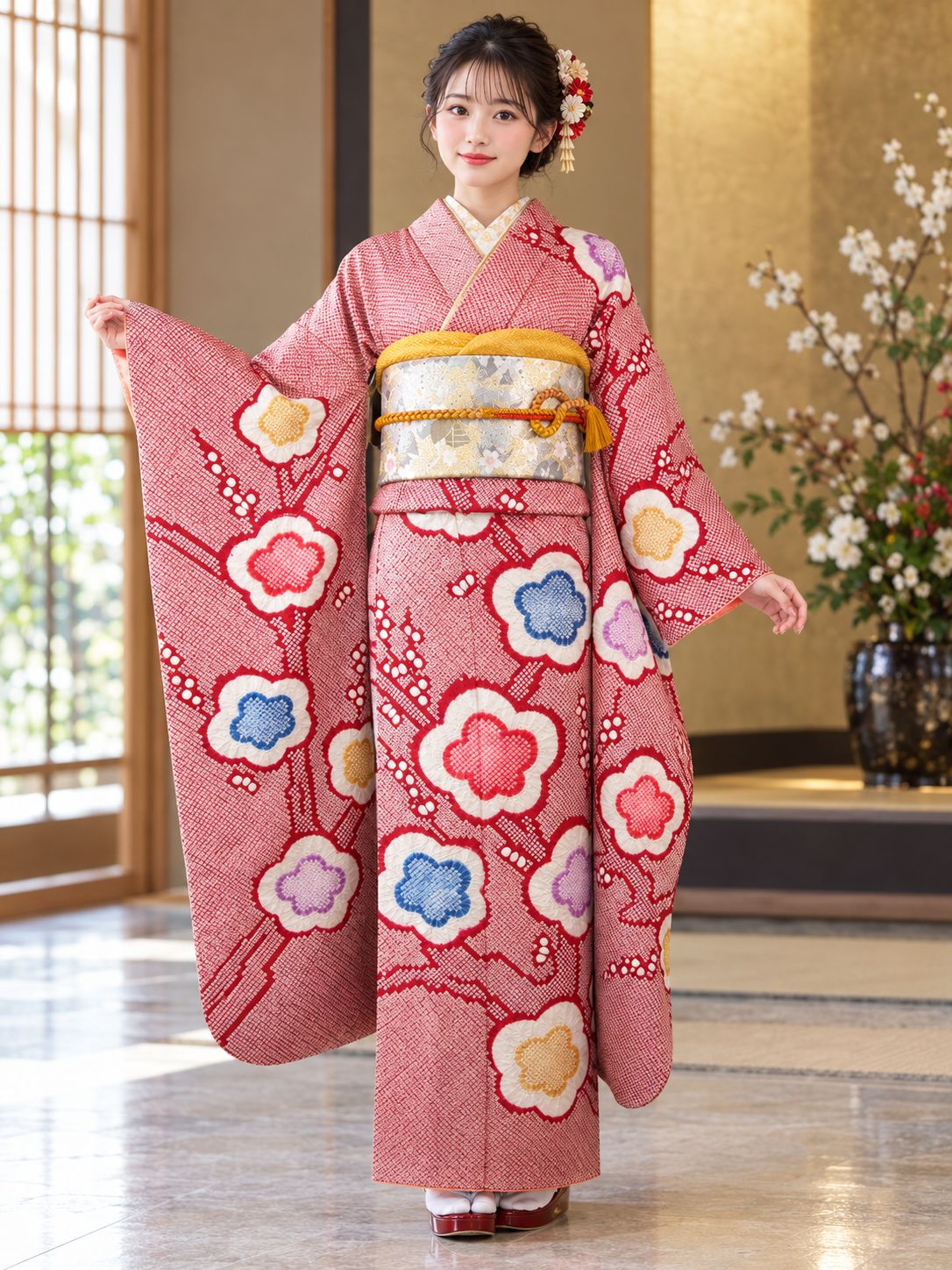 逸品 豪華振袖『紅梅の雅』総絞り 鹿子絞り 梅花文様 絹のダイヤモンド