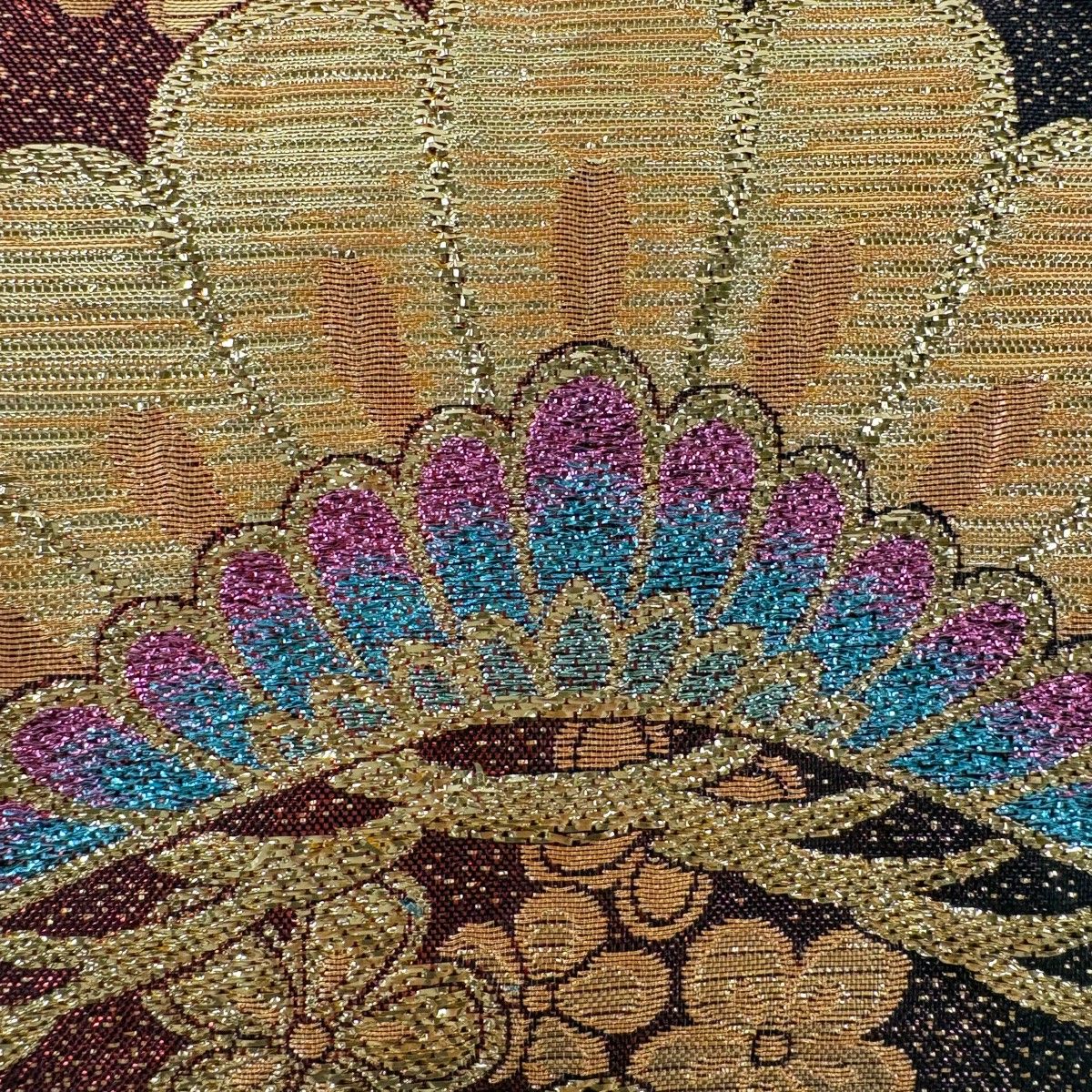 袋帯　振袖帯　マーガレット　桜花　金糸　着物　041b p 袋帯 秀品 振袖向き 桜 笠松 金糸 箔 赤黒 六通 正絹 【中古】 - メルカリ