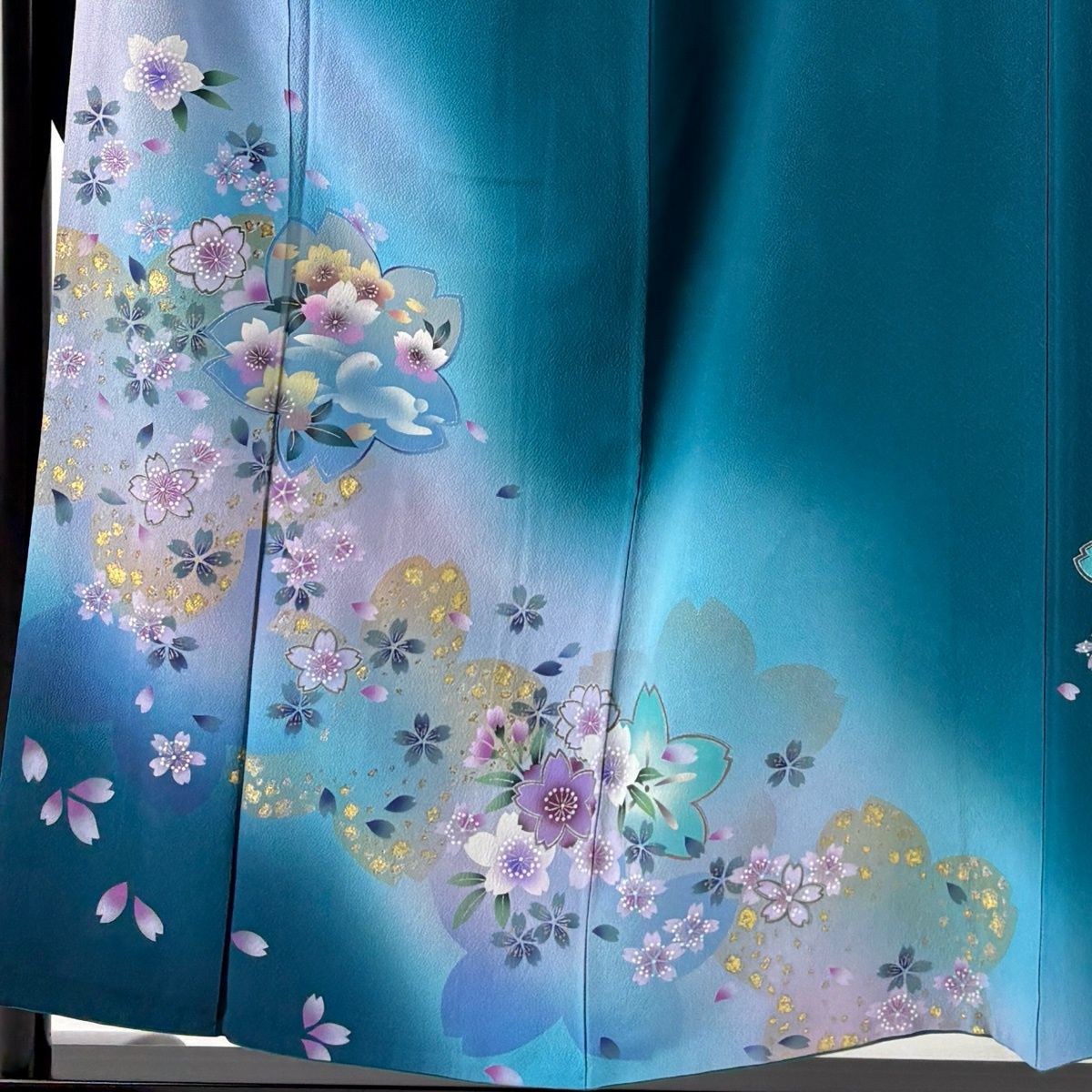 振袖 身丈154cm 裄丈65.5cm M 袷 桜 桜の花びら 金彩 ぼかし 青緑 正絹