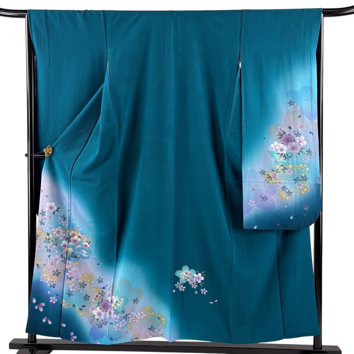 振袖 身丈154cm 裄丈65.5cm M 袷 桜 桜の花びら 金彩 ぼかし 青緑 正絹