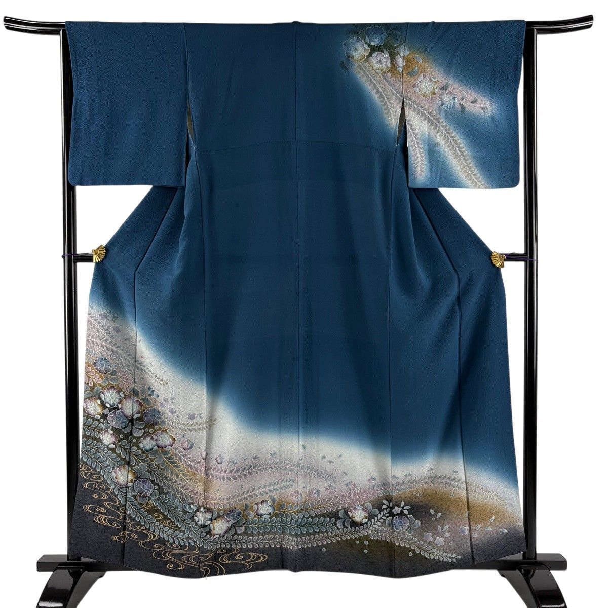 訪問着 身丈159.5cm 裄丈64cm M 袷 辻が花柄 流水 金彩 ぼかし 藍色