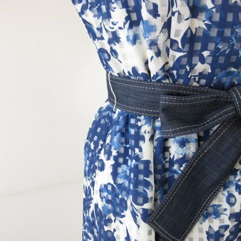 エムズグレイシー M'S GRACY ノースリーブ ワンピース ひざ丈 花柄 青