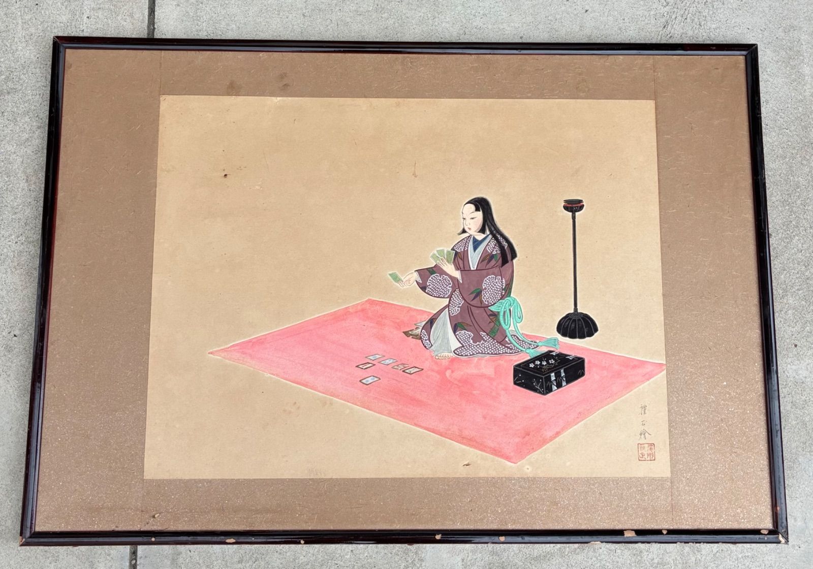 日本画 美人画 伝統工芸 カルタ・花札遊びの女性像 「禮正 繪」サイン