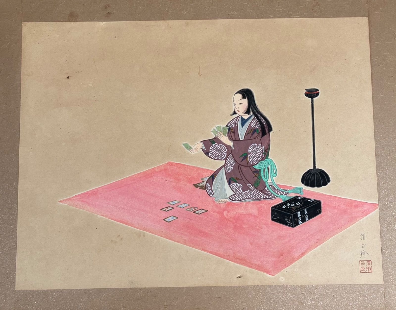 日本画 美人画 伝統工芸 カルタ・花札遊びの女性像 「禮正 繪」サイン