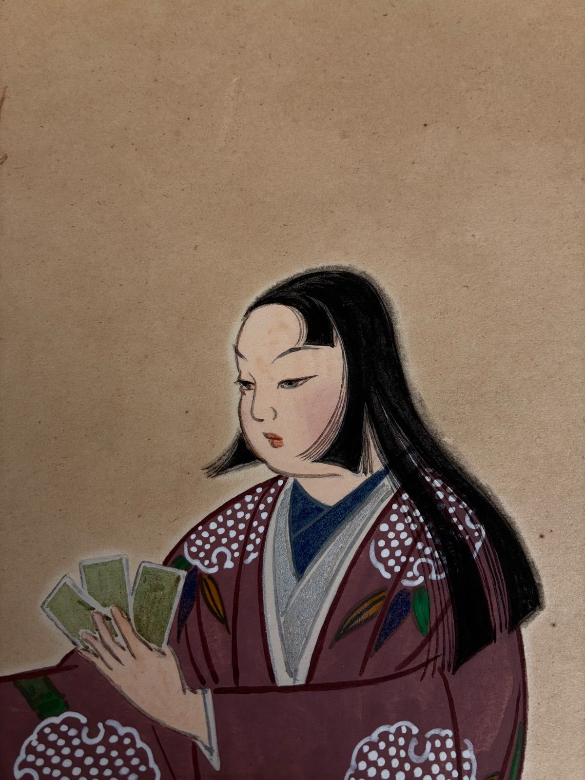 日本画 美人画 伝統工芸 カルタ・花札遊びの女性像 「禮正 繪」サイン