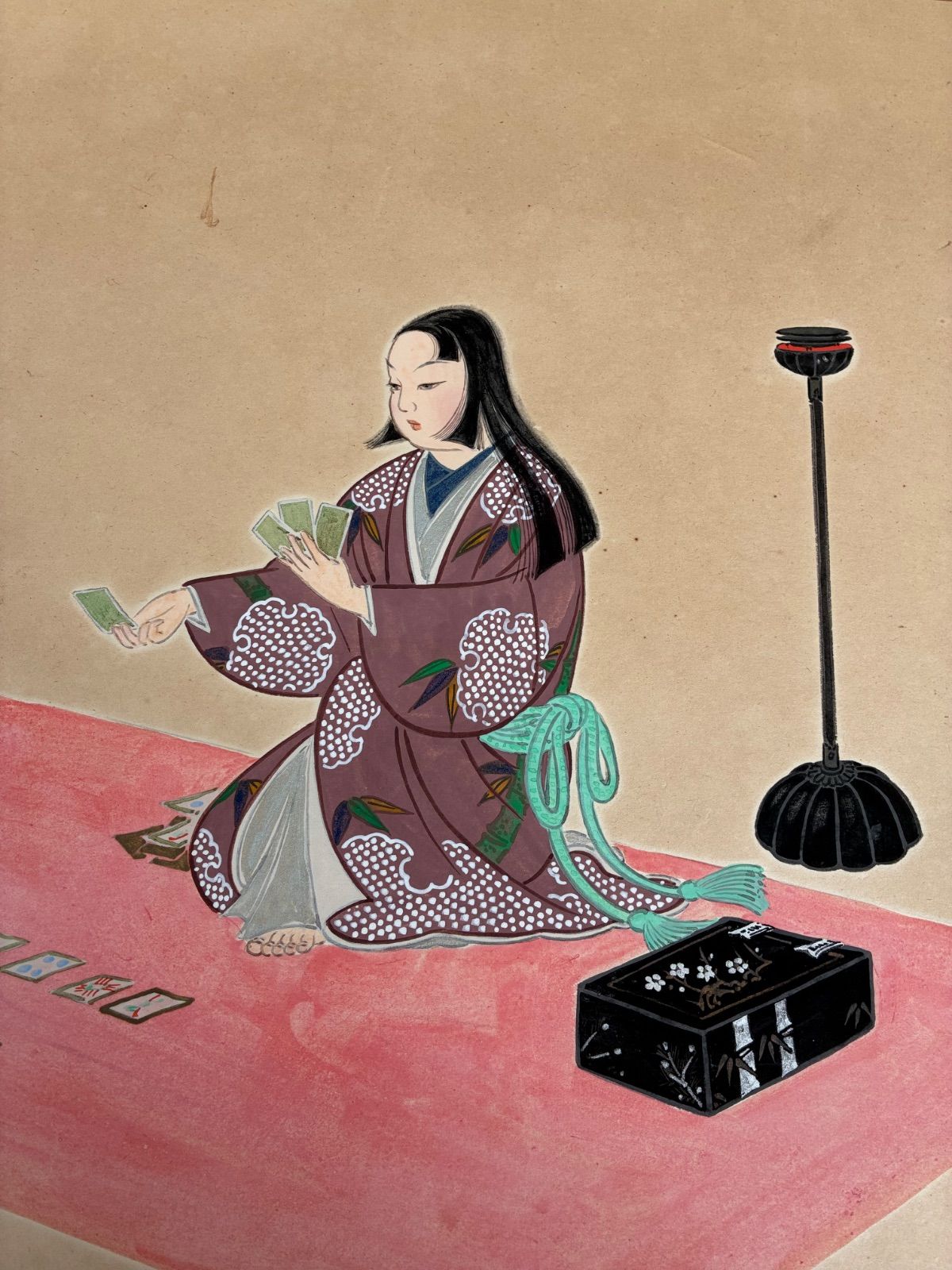 日本画 美人画 伝統工芸 カルタ・花札遊びの女性像 「禮正 繪」サイン
