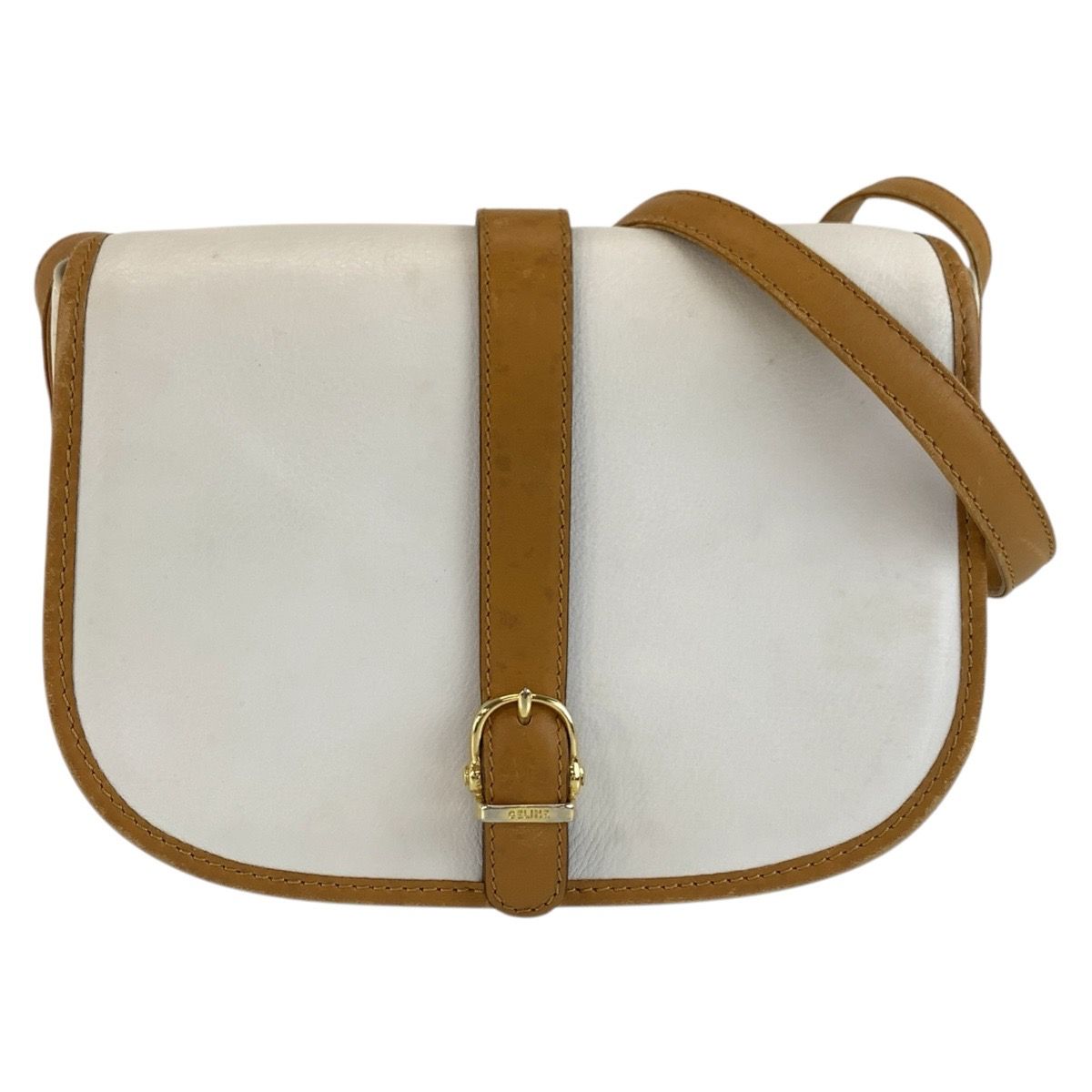 セリーヌ CELINE ショルダーバッグ ポシェット ホワイト ブラウン ゴールド金具 レザー レディース 【1-0294211】