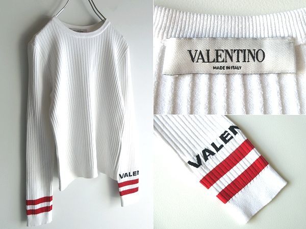 イタリア製 VALENTINO ヴァレンティノ 袖ロゴ レーヨンポリエステル 針抜きリブニット M 170/92A 白 ホワイト レッド ブラック 国内正規品