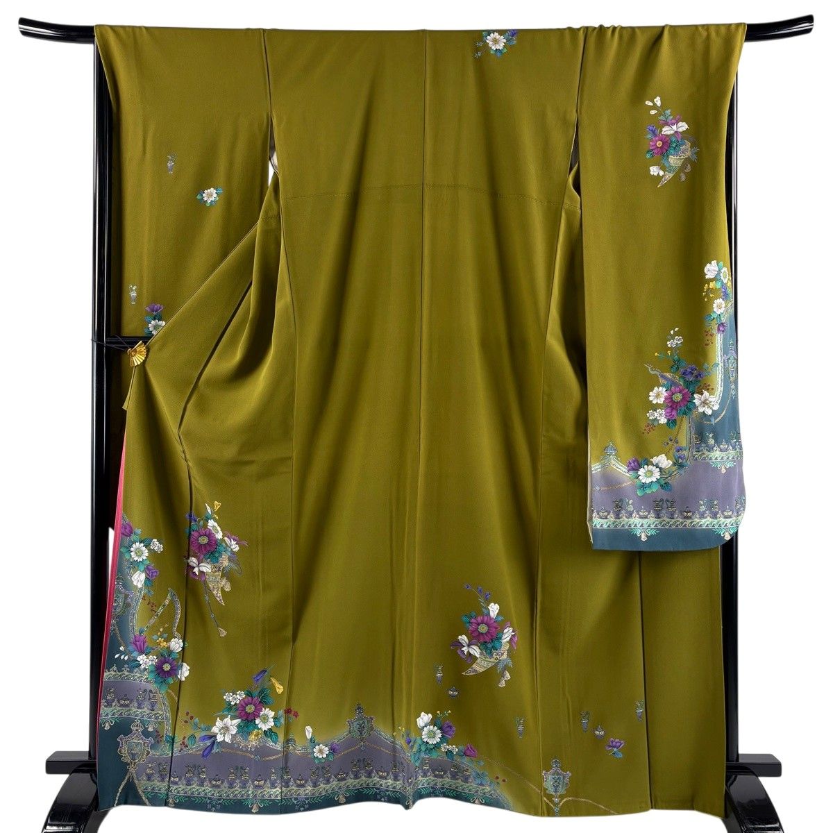 振袖 身丈166cm 裄丈68.5cm L 袷 草花 ハープ 金銀彩 茶緑色 正絹 秀品
