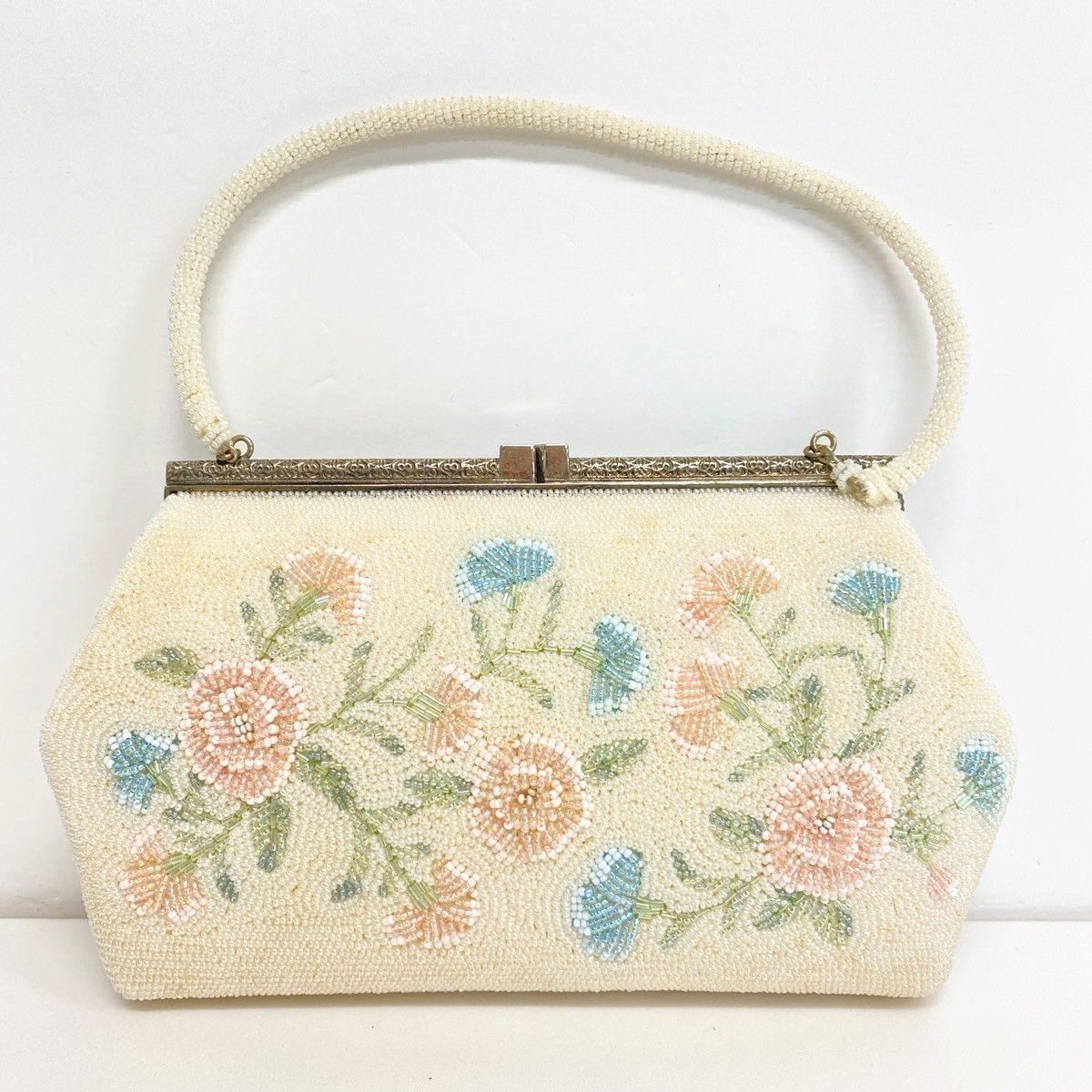 ビーズバッグ/ハンドバッグ 花柄 刺繍 がま口 アイボリー系 ホワイト