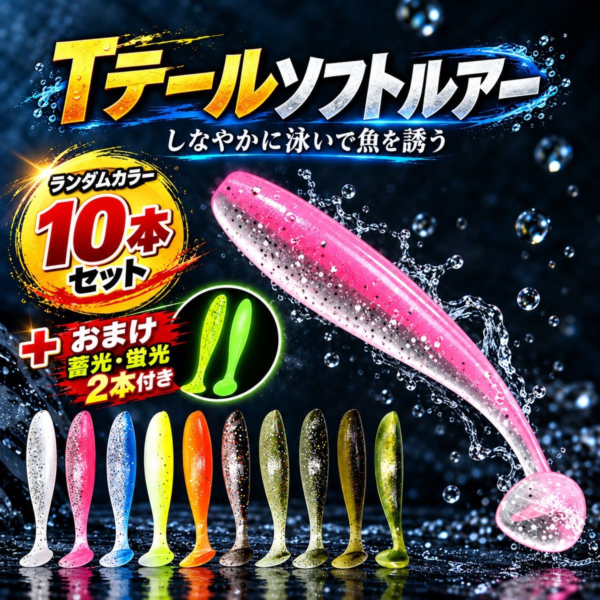 シャッドテールワーム Tテールソフトルアー セット 蓄光 グロー