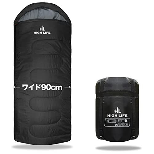 【HIGH LIFE】ワイド寝袋 シュラフ 幅90cm 秋冬用 最低使用温度-15℃ 封筒型 抗菌仕様 中空ホローファイバー 足元開閉 フード付き 車中泊 キャンプ 防災 収納袋付き ゆったりサイズ 全5色 thumbnail 9