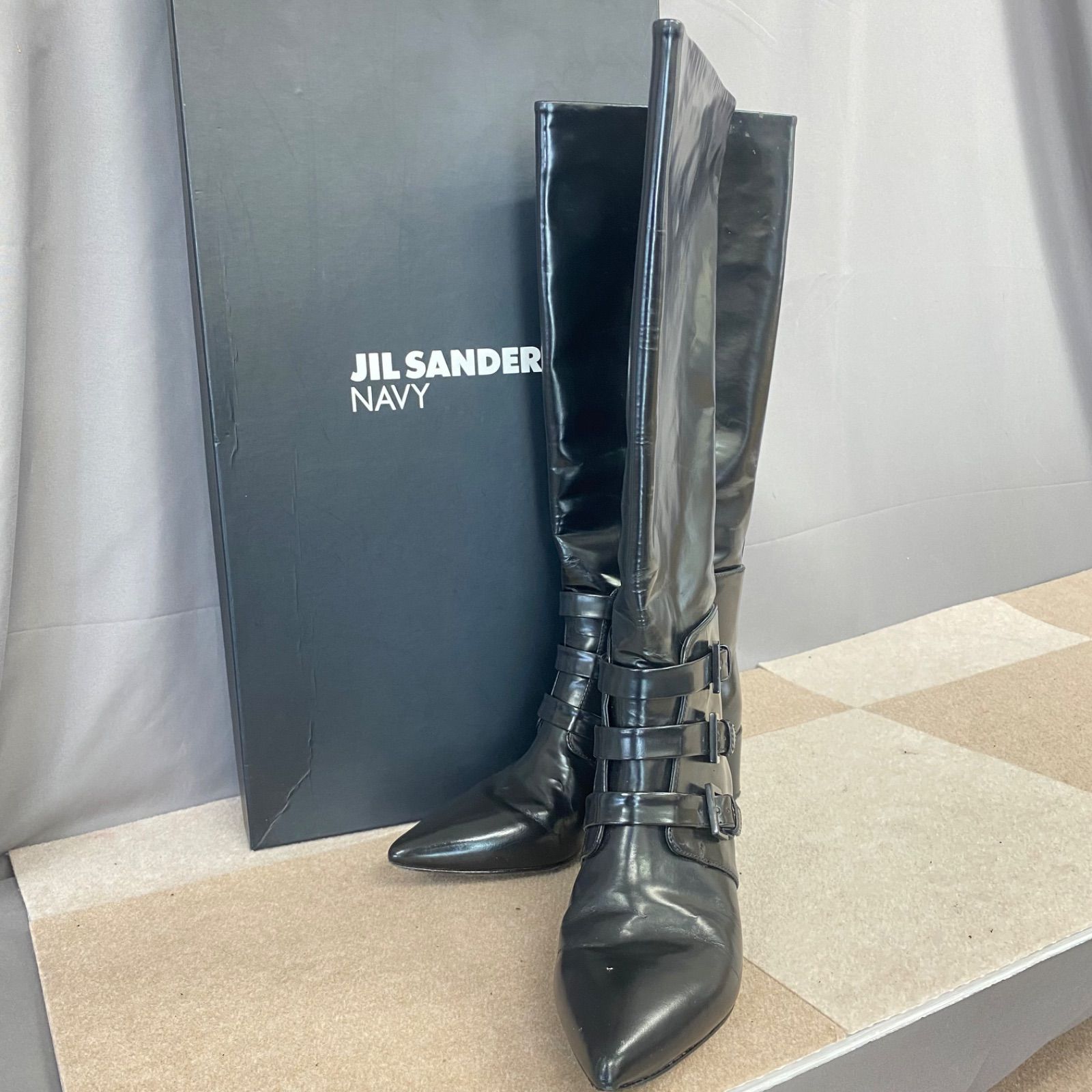 Z JILSANDER NAVY ジルサンダーネイビー ブラック ベルトロングブーツ