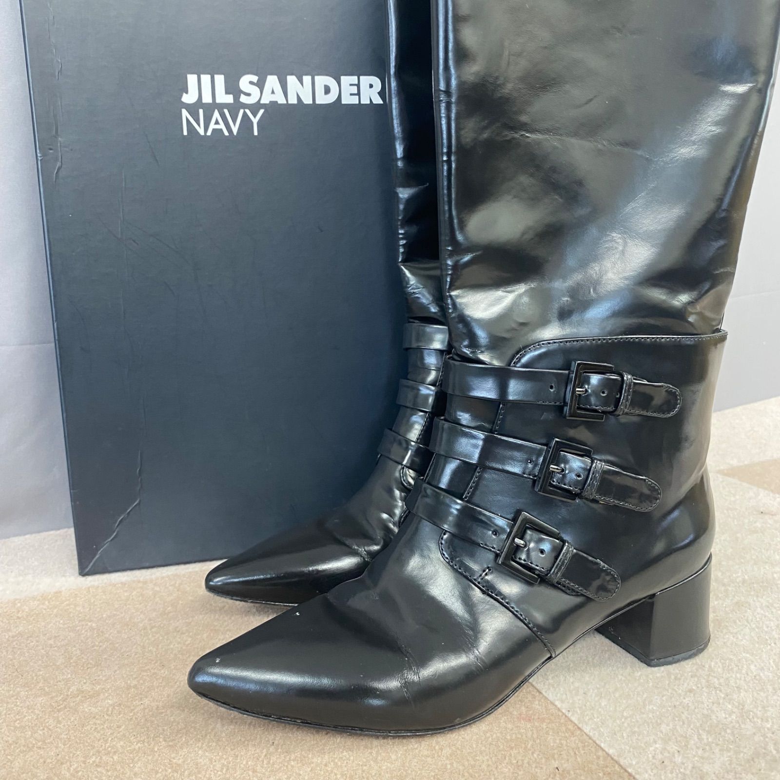 Z JILSANDER NAVY ジルサンダーネイビー ブラック ベルトロングブーツ