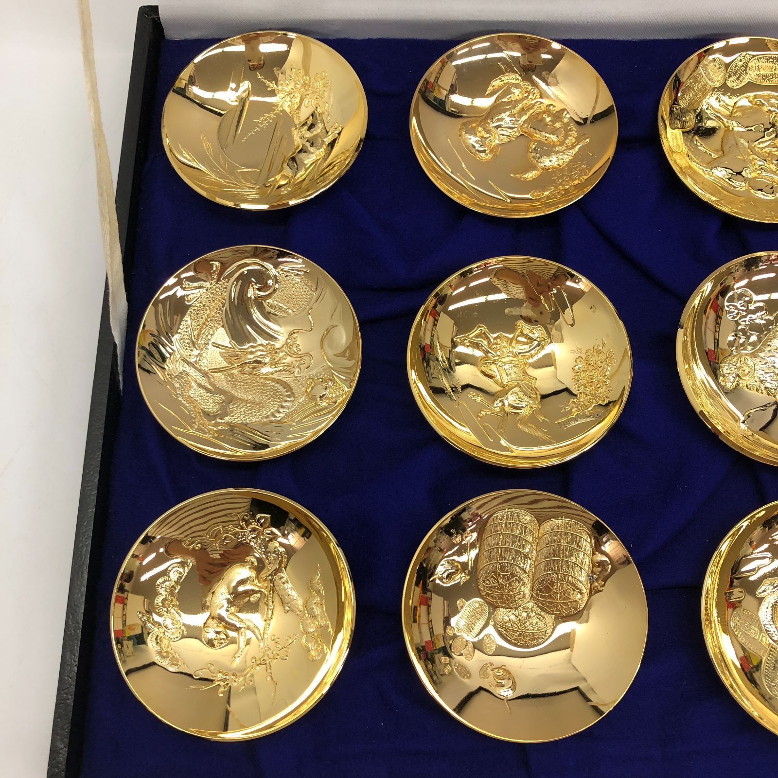 十二支 金杯 12客セット 金属工芸 十二支金盃 12客フルセット 24KGP 刻印有 干支レリーフ 縁起物