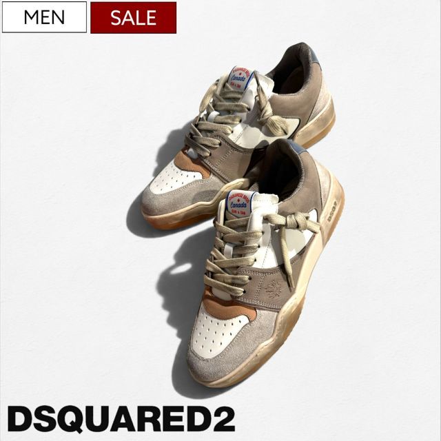《40％OFF》【定価122,100円】DSQUARED2 ディースクエアード 遊び心をプラスした大人のラグジュアリーカジュアルを演出！極厚ソールで脚長効果も抜群！メイプルリーフ刺繍エイジング加工レザースニーカー SPIKER 靴 シューズ クリーム ブラ 43,956円
