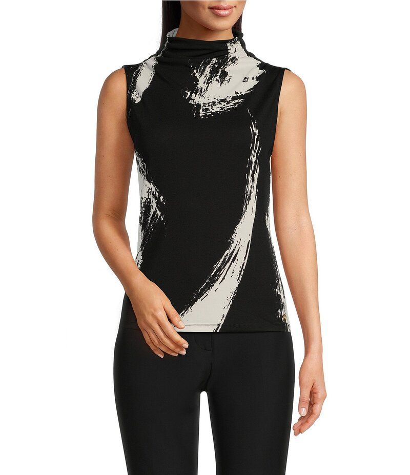 ダナキャラン レディース トップス シャツ モックネック ドレープ プリント ノースリーブ Donna Karan Printed Draped Mock Neck Sleeveless Top Bl