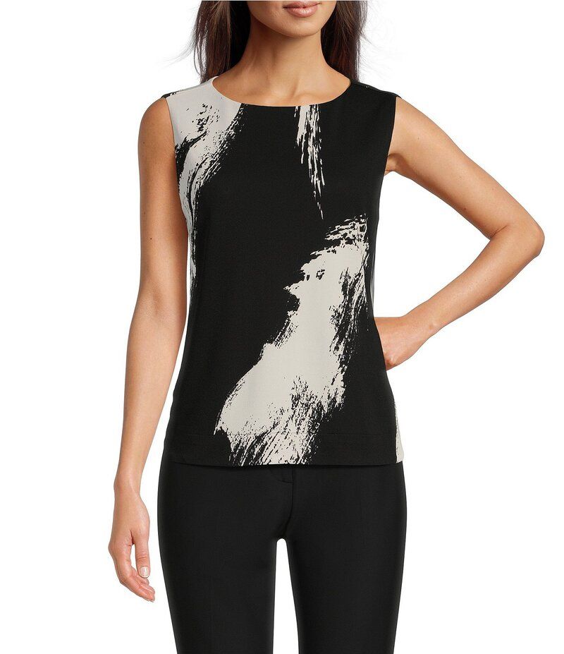 ダナキャラン レディース トップス シャツ クルーネック ノースリーブ Donna Karan Crew Neck Sleeveless Layering Cami Top BlackCream クリ