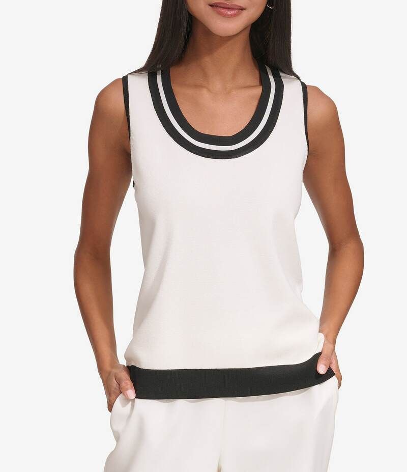 カール ラガーフェルド レディース トップス シャツ ノースリーブ コントラスト ニット KARL LAGERFELD PARIS Knit Contrast Trim Scoop Neckline