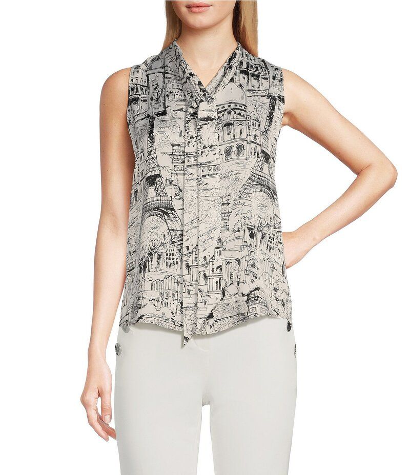 カール ラガーフェルド レディース トップス シャツ プリント ノースリーブ ブラウス KARL LAGERFELD PARIS Sleeveless Tie Neck Printed Button