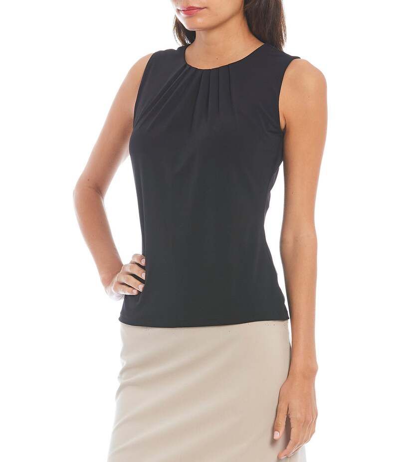 カルバンクライン レディース トップス シャツ クルーネック プリーツ ニット Calvin Klein Solid Pleated Crew Neck Knit Tank Top Black ブラッ
