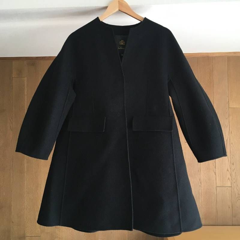 美品 Drawerドゥロワー ウール カシミヤ ノーカラーコート ブラック 36