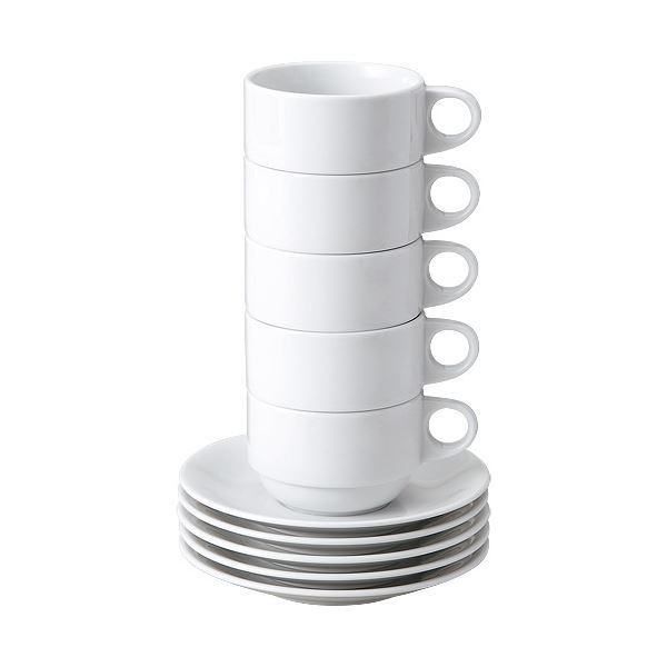 積み重ねてすっきり収納 スタッキングコーヒー碗皿 5客入り 磁器製 コーヒーカップ 食器 カフェ風 来客用 容量190mL 口径84mm