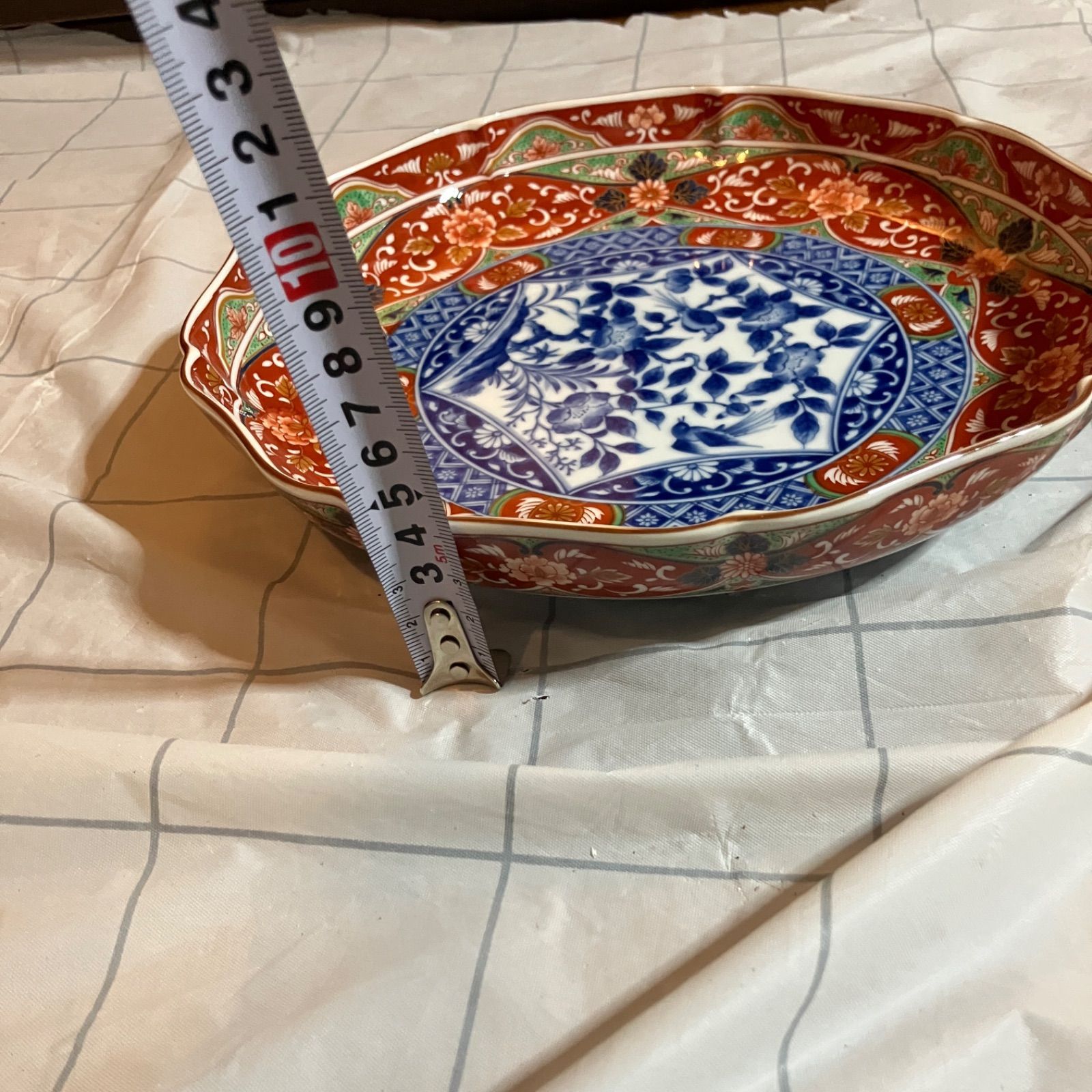 未使用・長期保管】庫山窯 前畑陶器 染錦花鳥 輪花大鉢 約25cm 箱付き