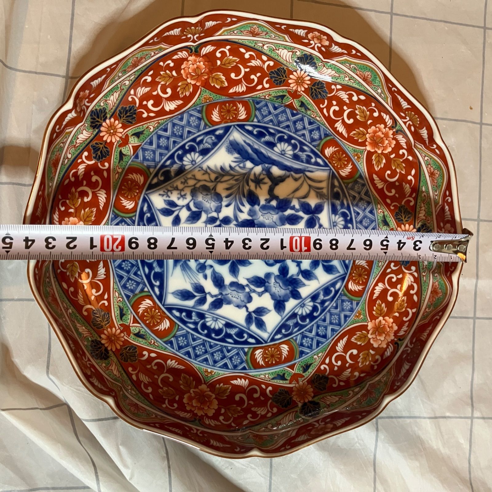 未使用・長期保管】庫山窯 前畑陶器 染錦花鳥 輪花大鉢 約25cm 箱付き