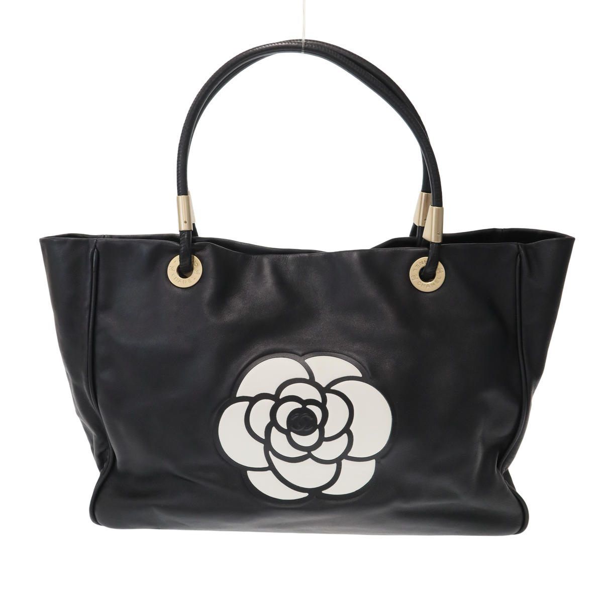 CHANEL シャネル カメリア ロゴ レザートートバッグ ブラック - メルカリ