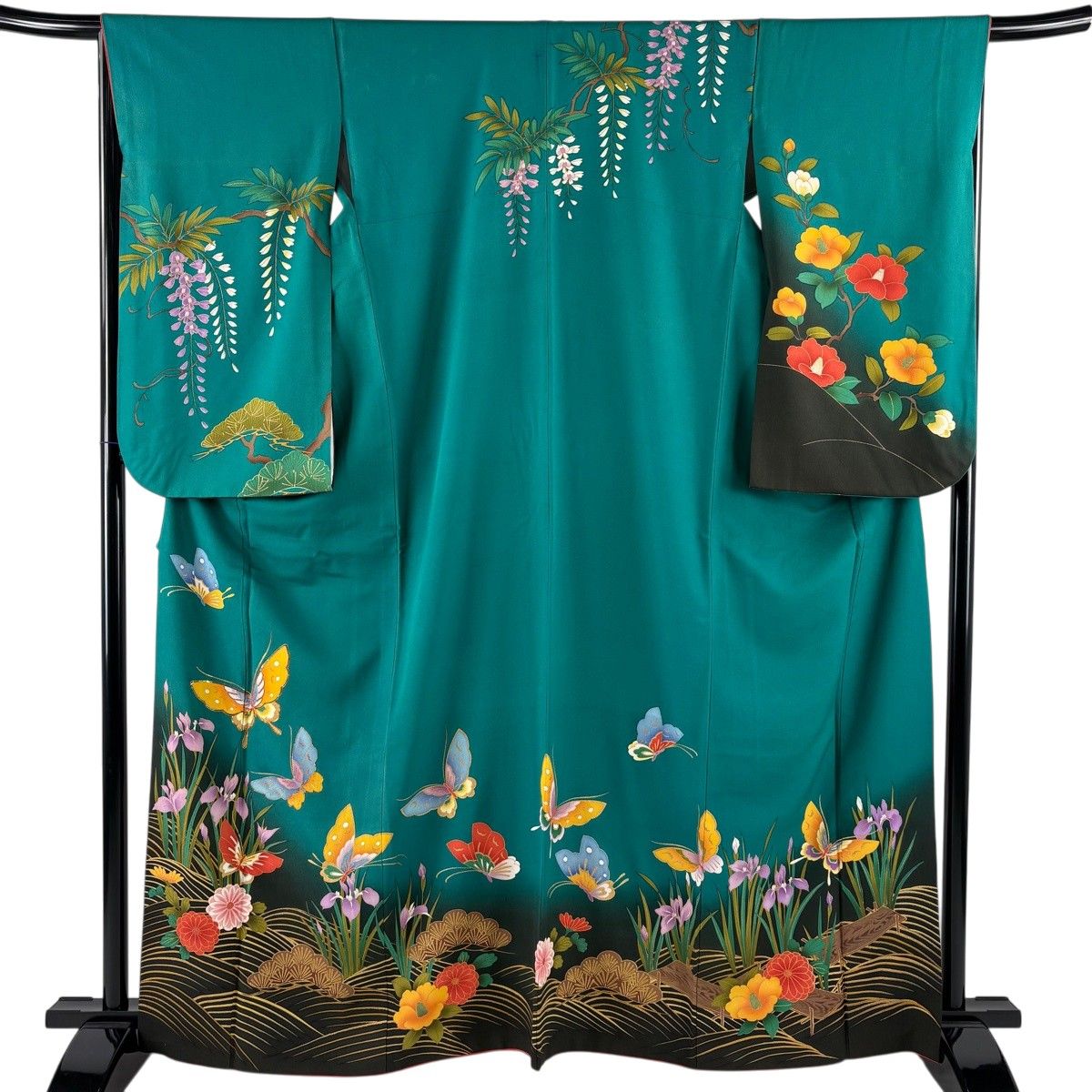 振袖 身丈164cm 裄丈67cm M 袷 二尺袖 蝶 草花 金糸 金彩 緑 正絹 秀品