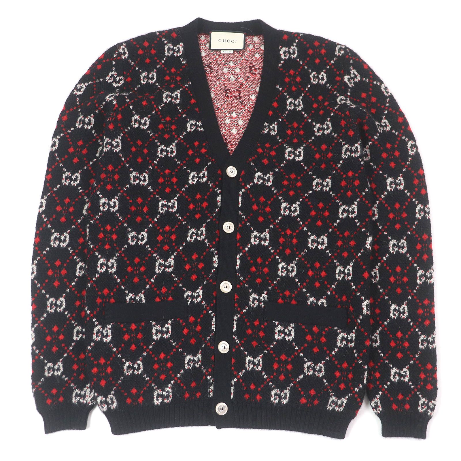 極美品□GUCCI グッチ 543497 アルパカ混 GGダイヤモンド アーガイル ニットカーディガン セーター ブラック S イタリア製 正規品 メンズ
