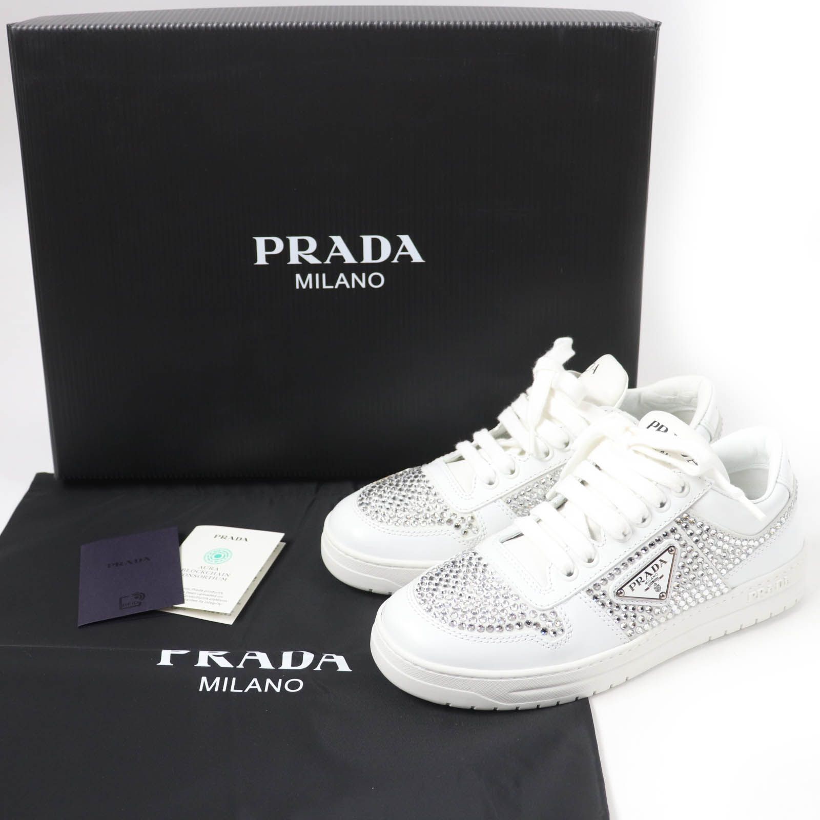 美品 【PRADA】ダイヤモンドロゴホワイトレザー 厚底スニーカー 36 1/2 極美品☆PRADA プラダ 1E348N トライアングルロゴ クリスタル付 レザー