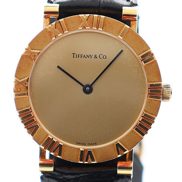 美品 稼働 ティファニー アトラス 18K/750 QZ ゴールド文字盤 メンズ腕時計 10JWY MTM ABC33389