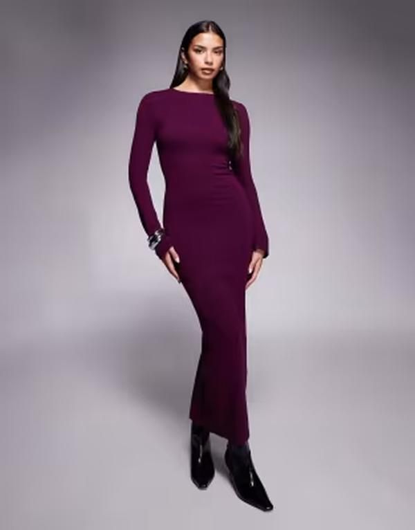 カイア レディース トップス ワンピース ニット マキシ Kaiia knit fla red sleeve bodycon maxi dress in plum プラム 15,466円