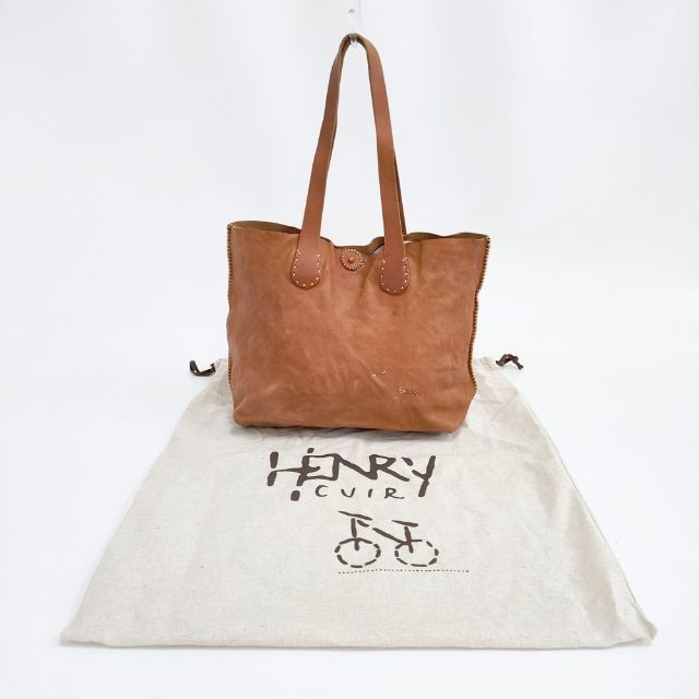 HENRY CUIR 犬 CANE 刺繍 レザー トートバッグ ブラウン レディース