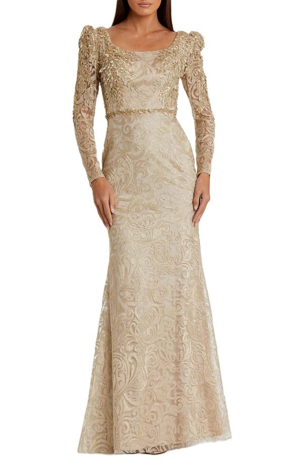 マックダガル レディース トップス ワンピース 刺繍 Mac Duggal Embroidered Applique Shoulder Detail Trumpet Gown Light Gold ゴ