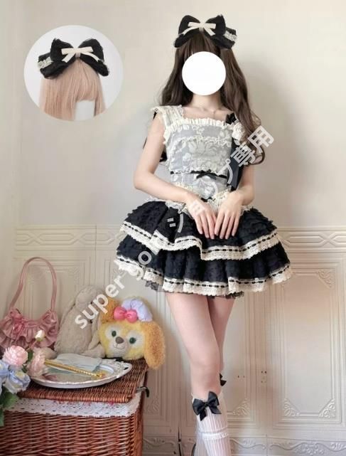 新品未使用ロリータワンピース JSK lolitaドレス 3点セット（ヘア飾り＋JSK＋胸飾り）cosplay少女風 ふんわり レース＆リボン装飾 コスプレ ブラック