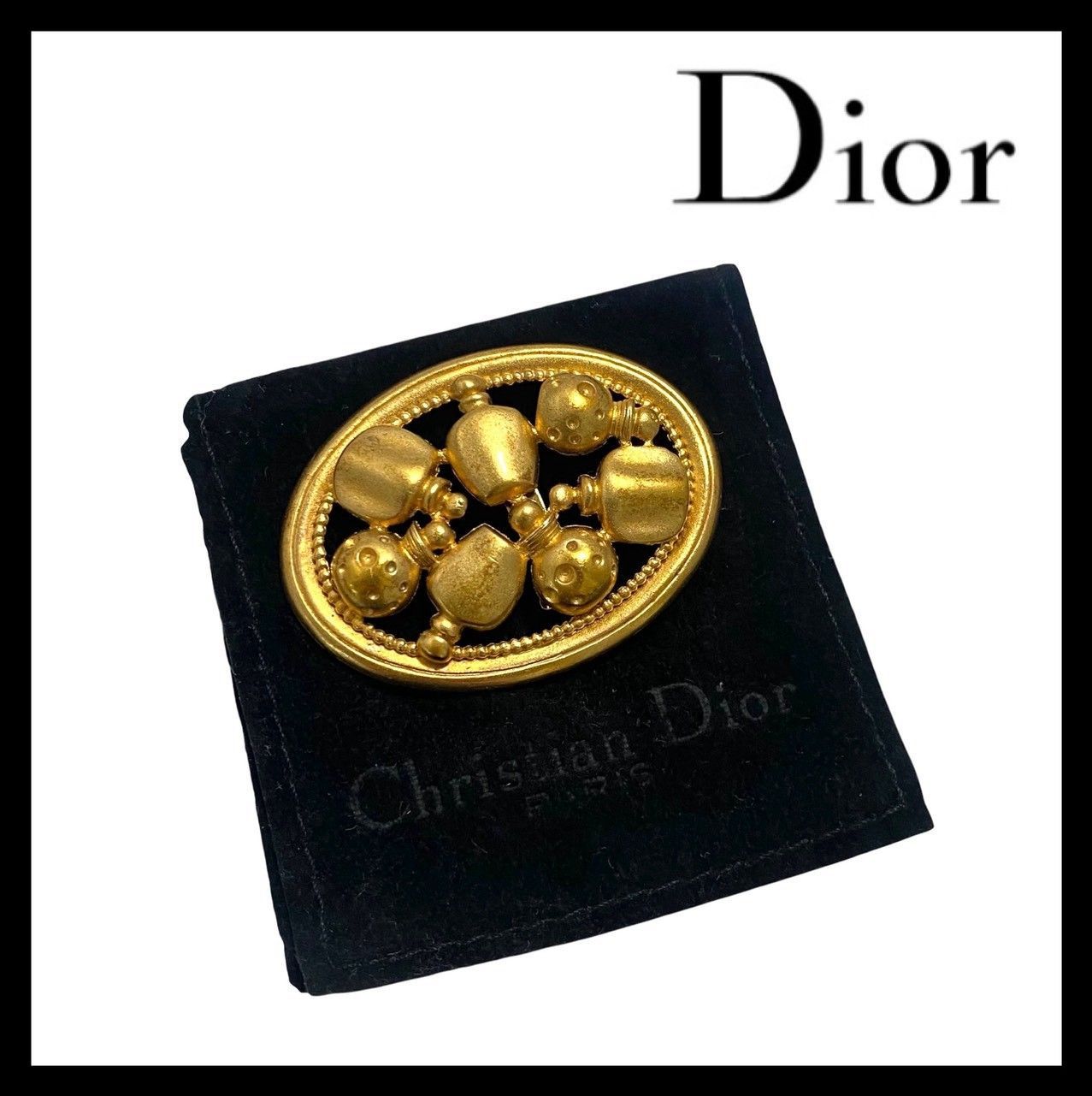 【Dior】香水ボトル モチーフ ブローチ ゴールド/金カラー オーバル Parfums/パフューム 香水瓶 コサージュ ヴィンテージ Christian Dior/クリスチャンディオール (SER-9699)
