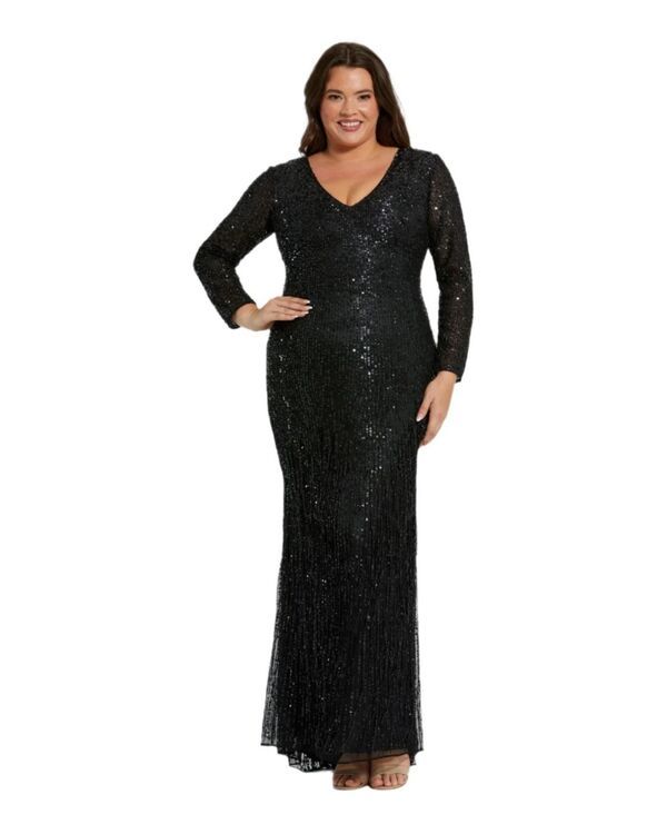 マックダガル レディース トップス ワンピース Vネック フリンジ Mac Duggal Womens Long Sleeve V Neck Beaded Fringe Gown Black ブラック