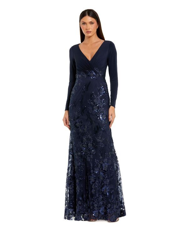 マックダガル レディース トップス ワンピース Mac Duggal Embellished Long Sleeve Wrap Over Trumpet Gown Midnight 95,590円