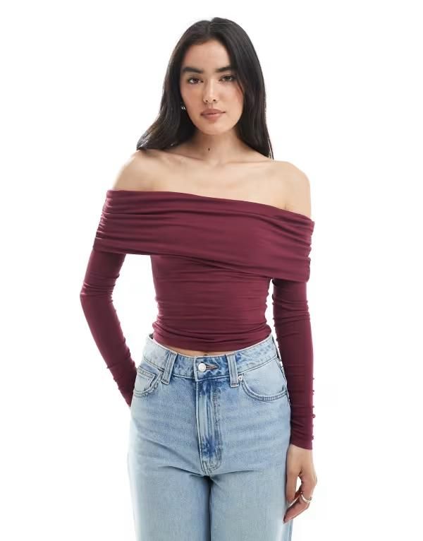 コットンオン レディース トップス シャツ Cotton On Rhi gathered off the shoulder slinky long sleeve top RED レッド