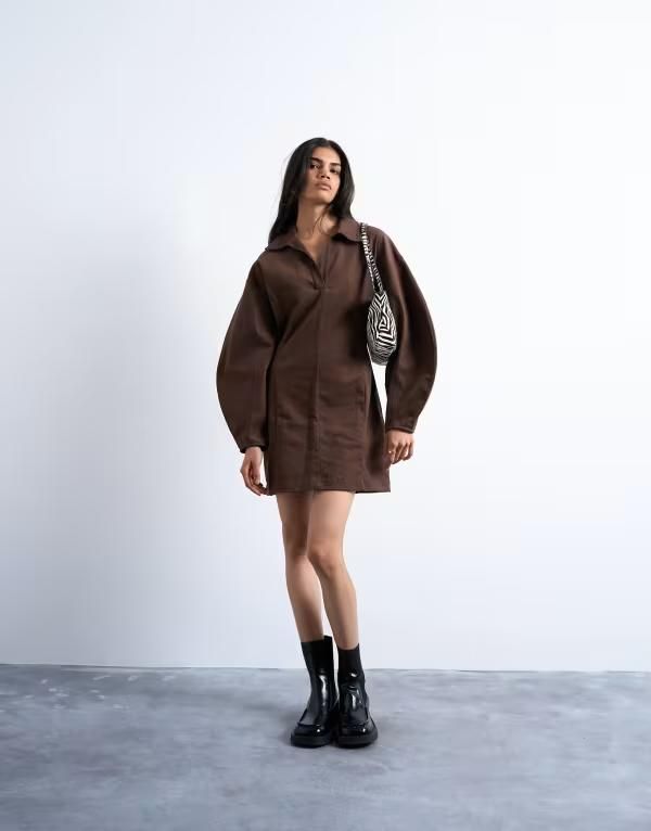 トップショップ レディース トップス ワンピース ミニワンピース ミニ Topshop structured rugby collar mini dress in chocolate Chocolat