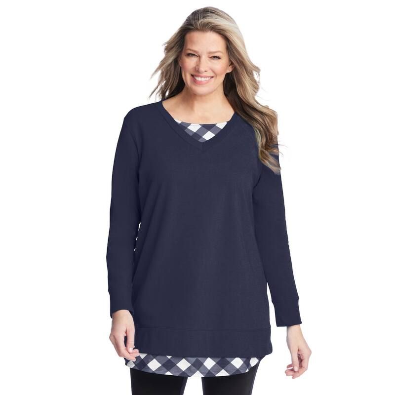 ウーマン ウィズイン レディース アウター パーカー・スウェット プラスサイズ シャツ Woman Within Plusize Layered Look Sweatshirt Navy Plaid