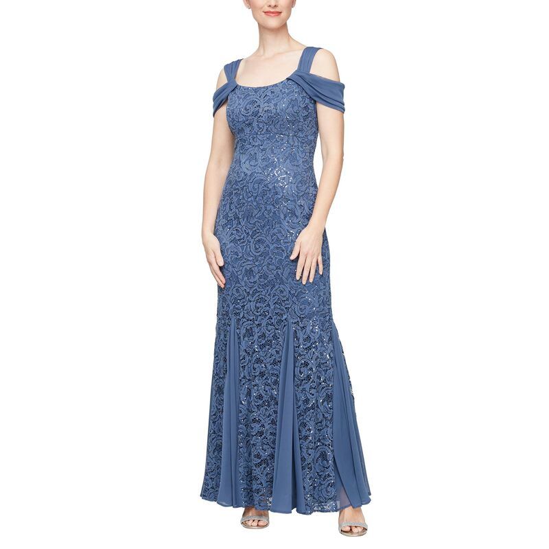 アレックスイブニングス レディース トップス ワンピースパンコール レース Alex Evenings Long Sequins Lace Dress Wedgewood