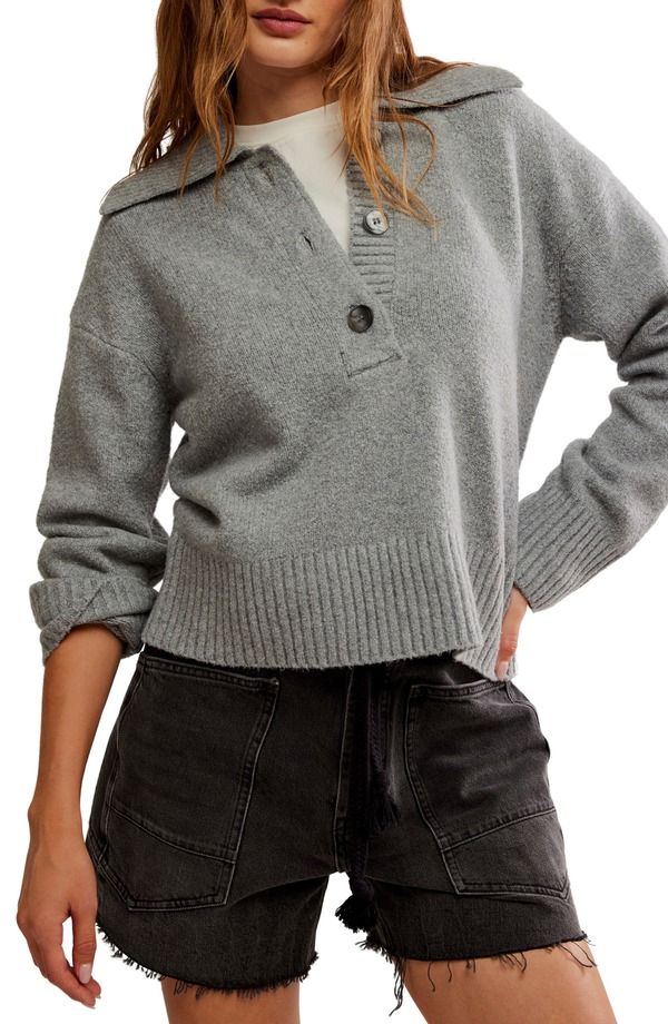フリーピープル レディース アウター パーカー・スウェット ポロシャツ セーター コットン Free People Trading Up Cotton Blend Polo Sweater Grey