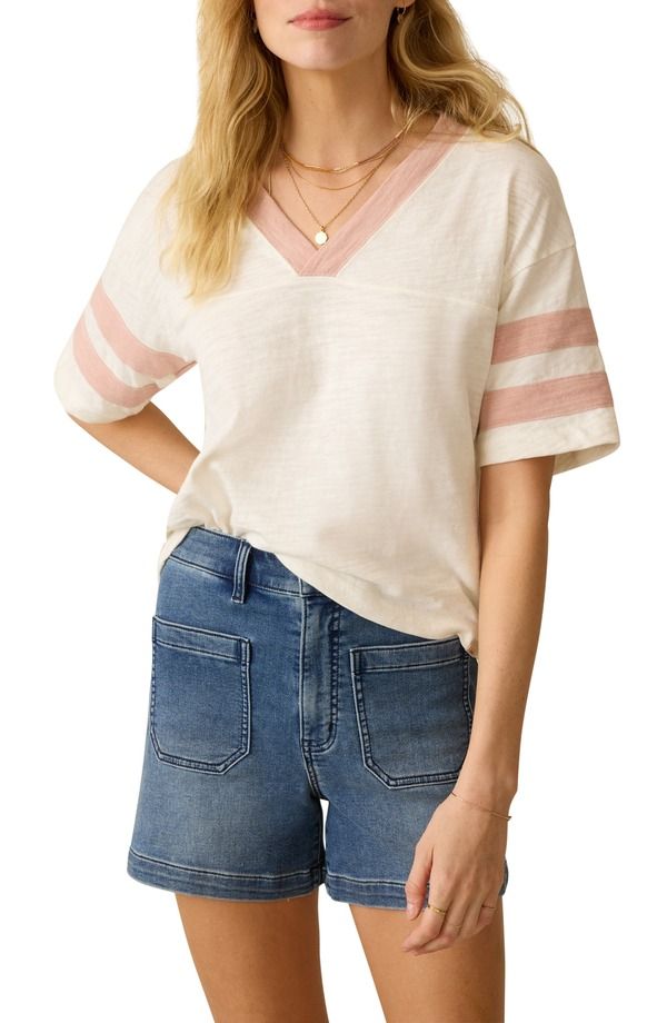 ファレティ レディース トップス Tシャツ コットン Faherty Varsity Stripe Organicotton TShirt Pink Varsity ピンク
