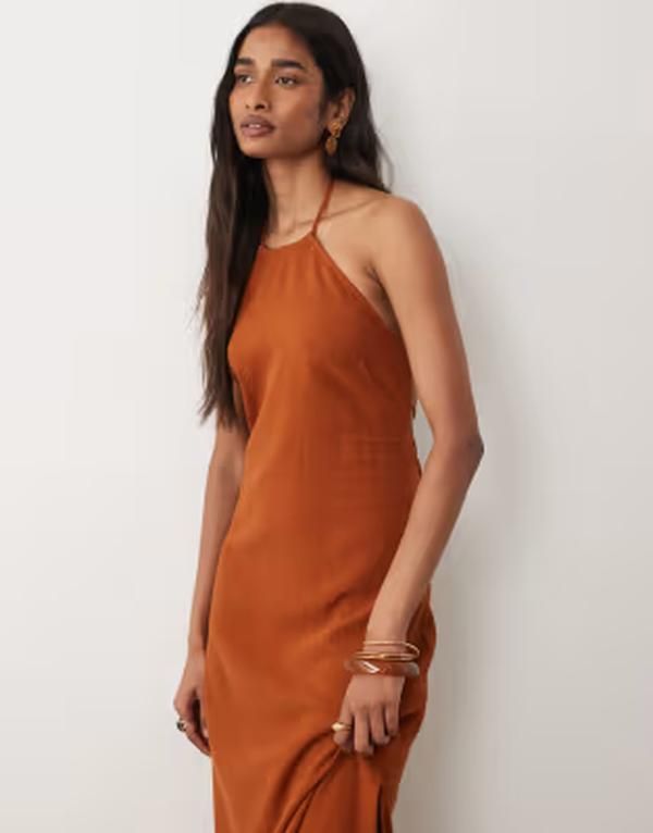 ミスセルフフリッジ レディース トップス ワンピース リネン マキシ ホルター Misselfridge linen mix halter maxi dress in rust ラスト